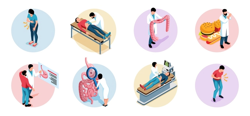 Gastroenterologist isometric compositions set with patients having painful symptoms doctors examining people unhealthy organs isolated vector illustration