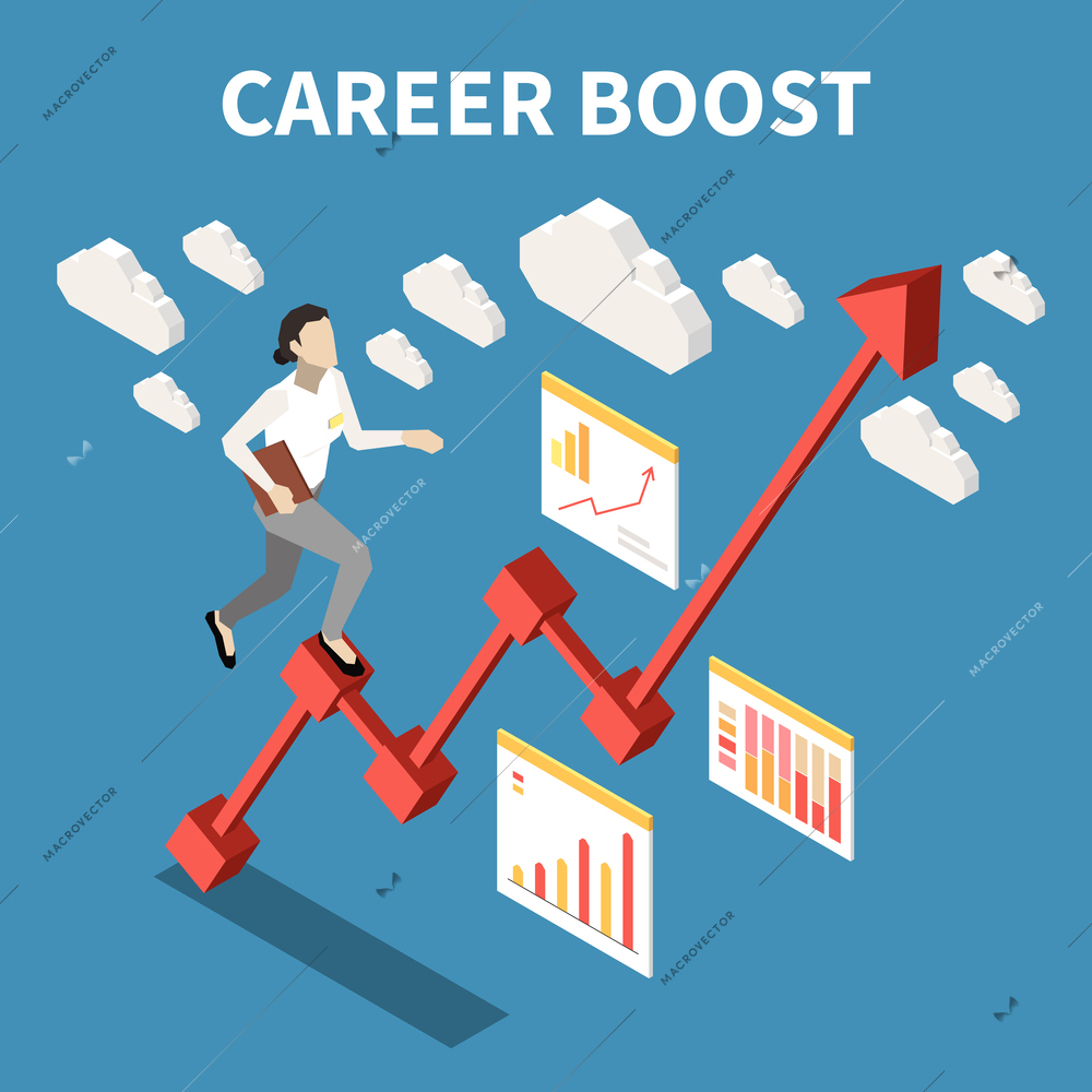 Career boost isometric colored concept woman goes up the abstract ladder diagram vector illustration