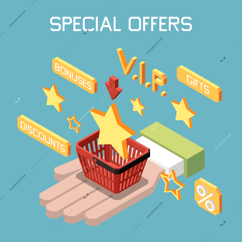 Customer loyalty bonus reward programs isometric colored  composition with special offer description vector illustration