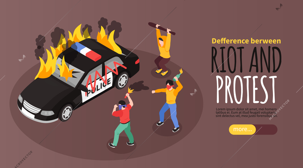 Isometric protest horizontal banner with text slider more button and characters of protesters torching police car vector illustration