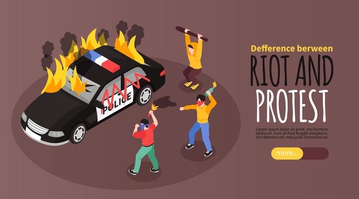 Isometric protest horizontal banner with text slider more button and characters of protesters torching police car vector illustration