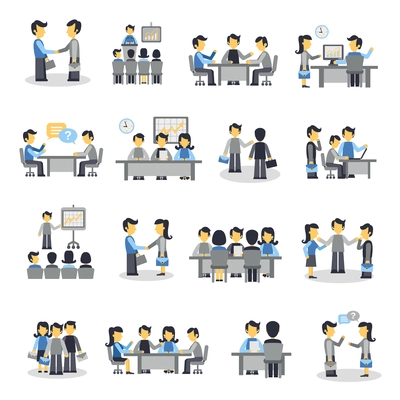 Meeting icons flat set with business people project teamwork symbols isolated vector illustration