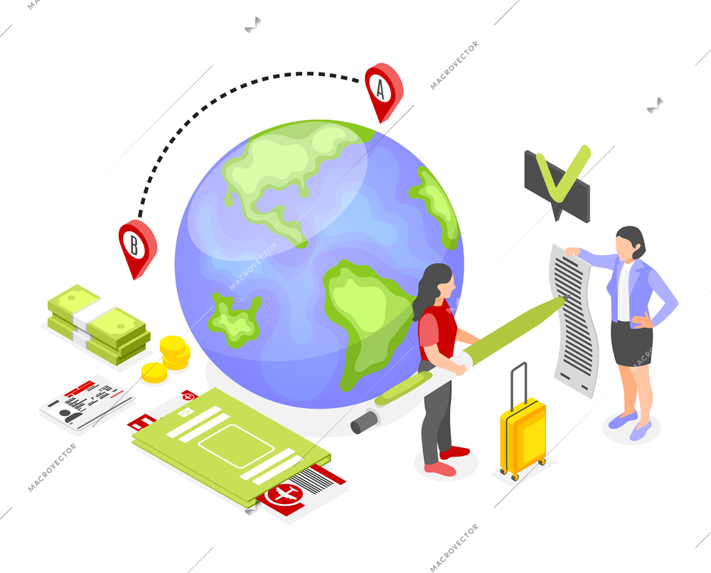 Work migration composition with woman signing employment contract and going to leave country isometric vector illustration