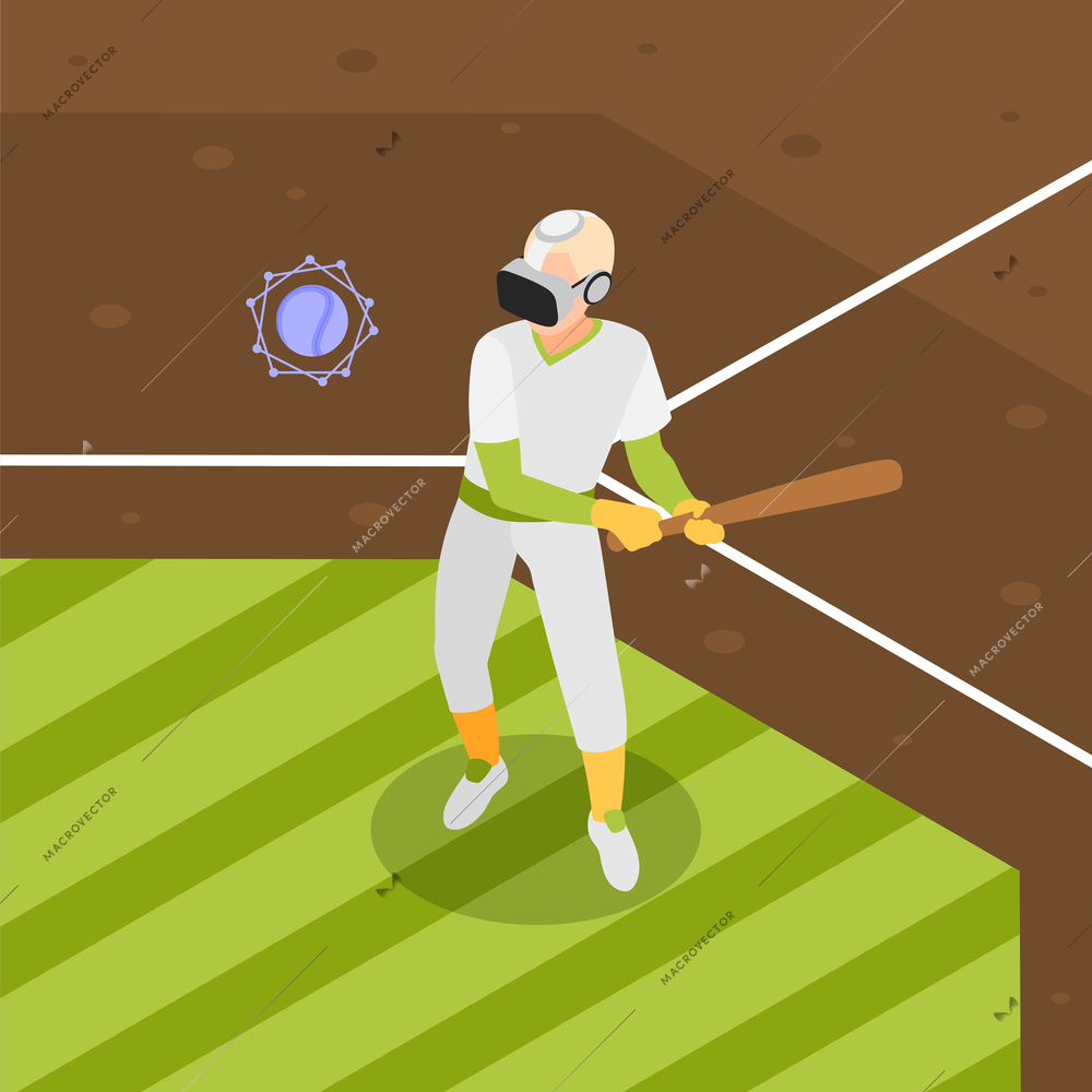 VR sports trainings colored and isometric background man plays virtual baseball with glasses vector illustration