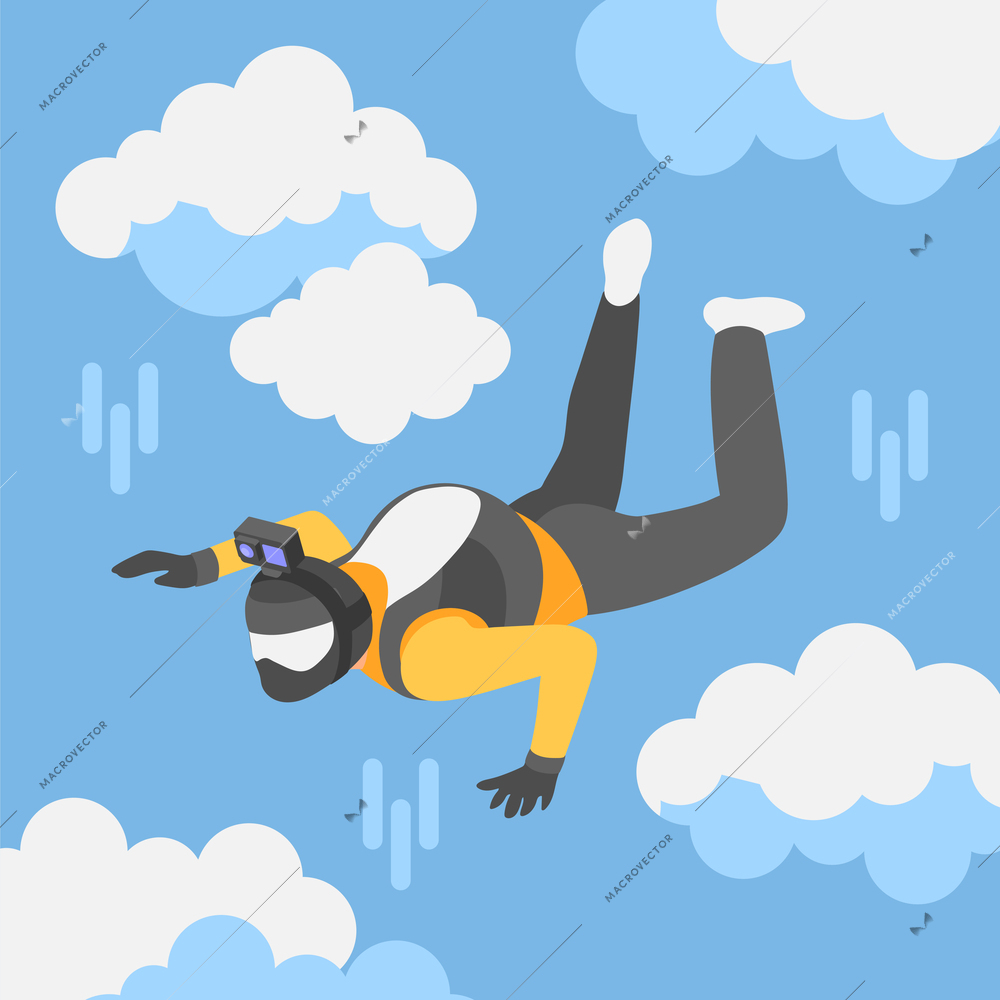 Skydiver shooting video on action camera during free fall isometric background vector illustration