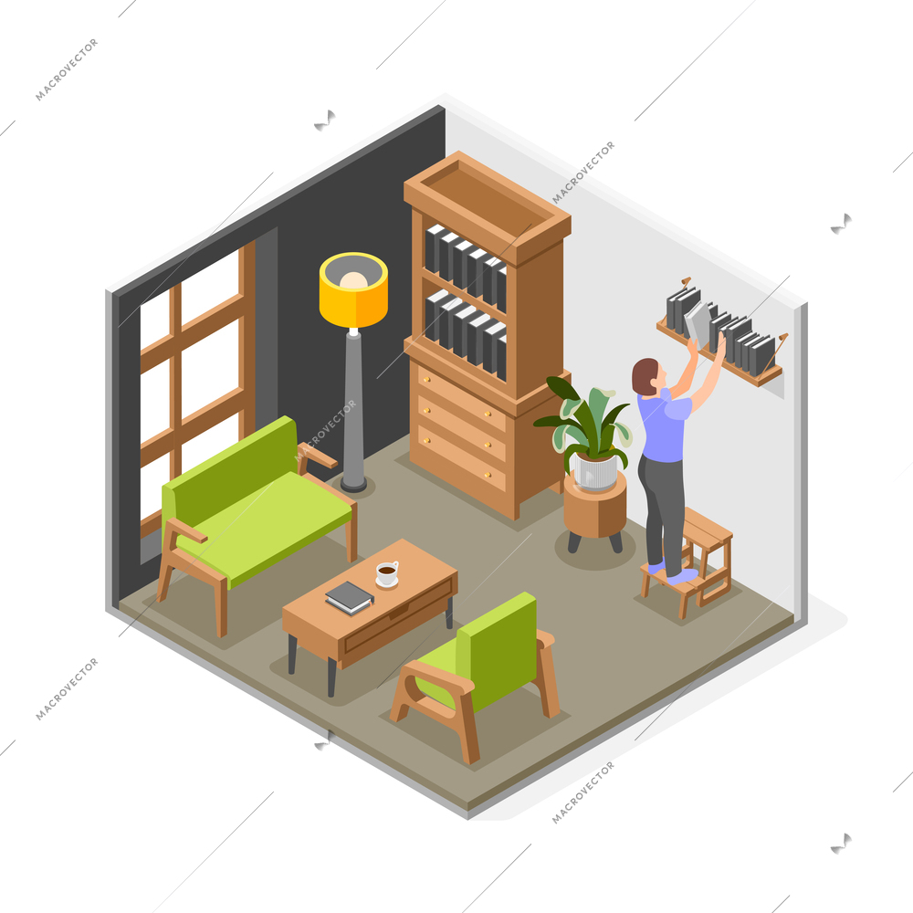 Woman using step stool to take book from shelf in living room isometric composition 3d vector illustration
