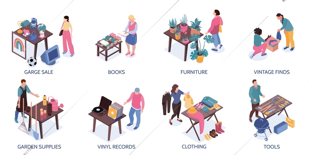 Garage sale set of compositions with people selling books furniture clothing vinyl records isometric isolated vector illustration