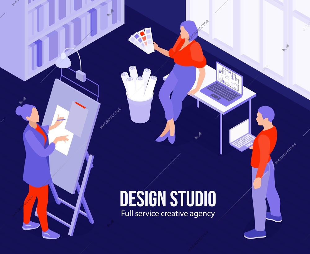 Creative agency design studio poster with team of interior designers working together isometric vector illustration