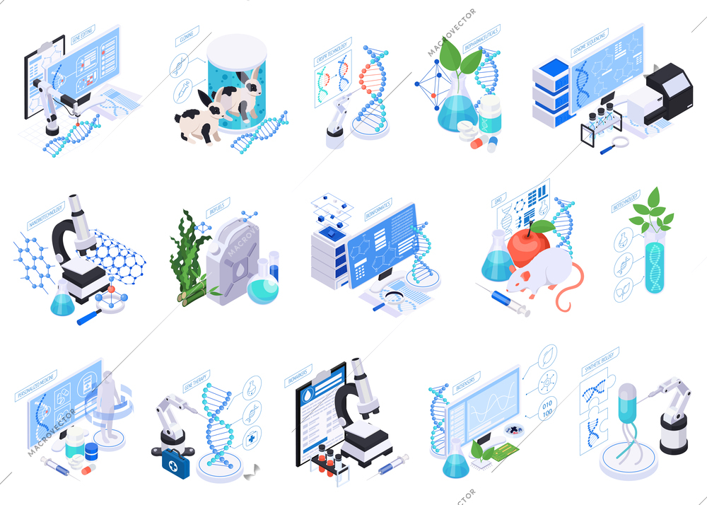 Set with isolated biotechnology compositions of isometric icons with lab equipment molecular structures and computer workplaces vector illustration