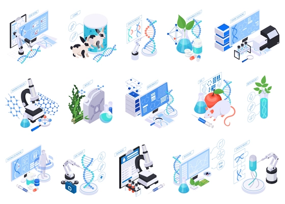 Set with isolated biotechnology compositions of isometric icons with lab equipment molecular structures and computer workplaces vector illustration