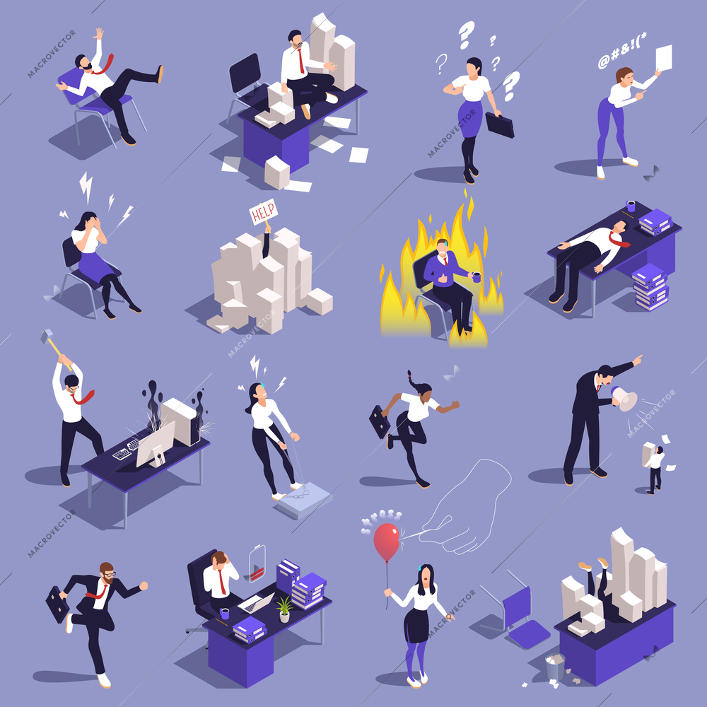 Office people isometric icons set with businessmen dealing with stress isolated vector illustration