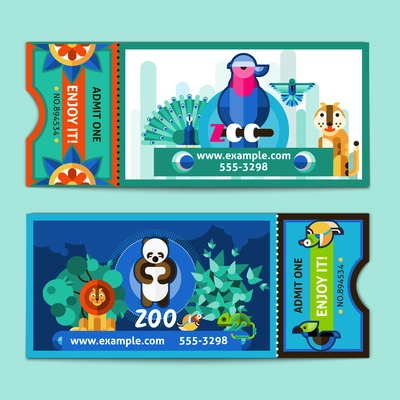 Zoo tickets templates set with wild amimals and birds isolated vector illustration