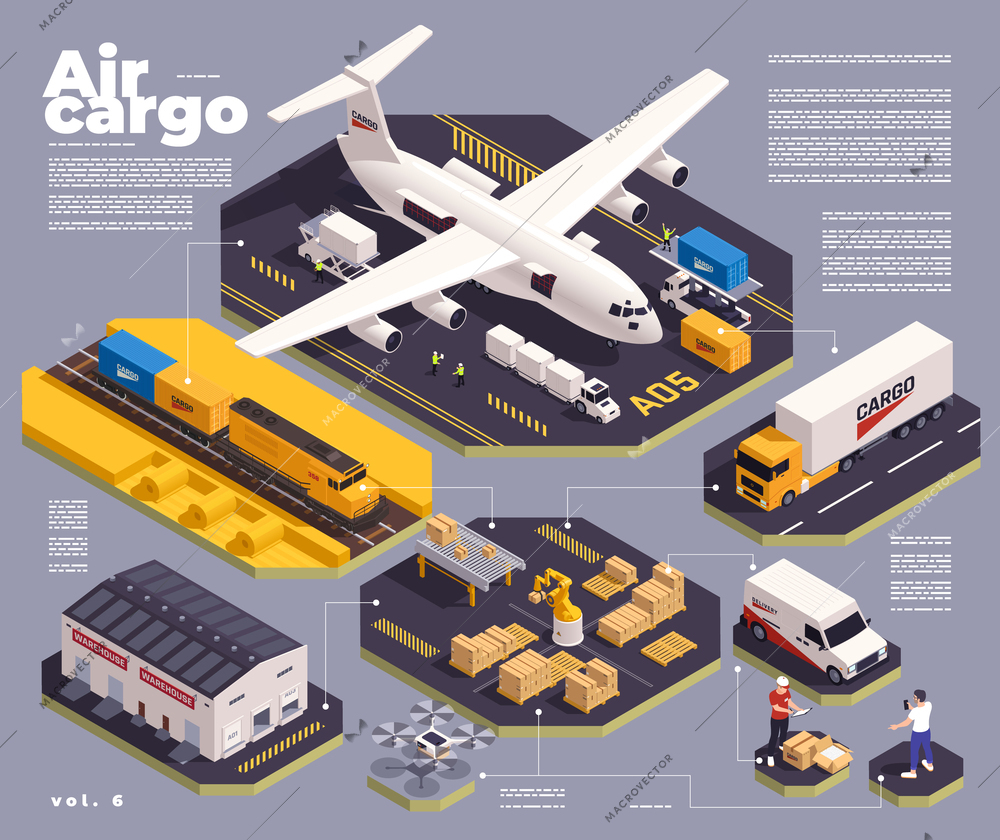 Air carto isometric infographics with aircraft logistic system symbols vector illustration