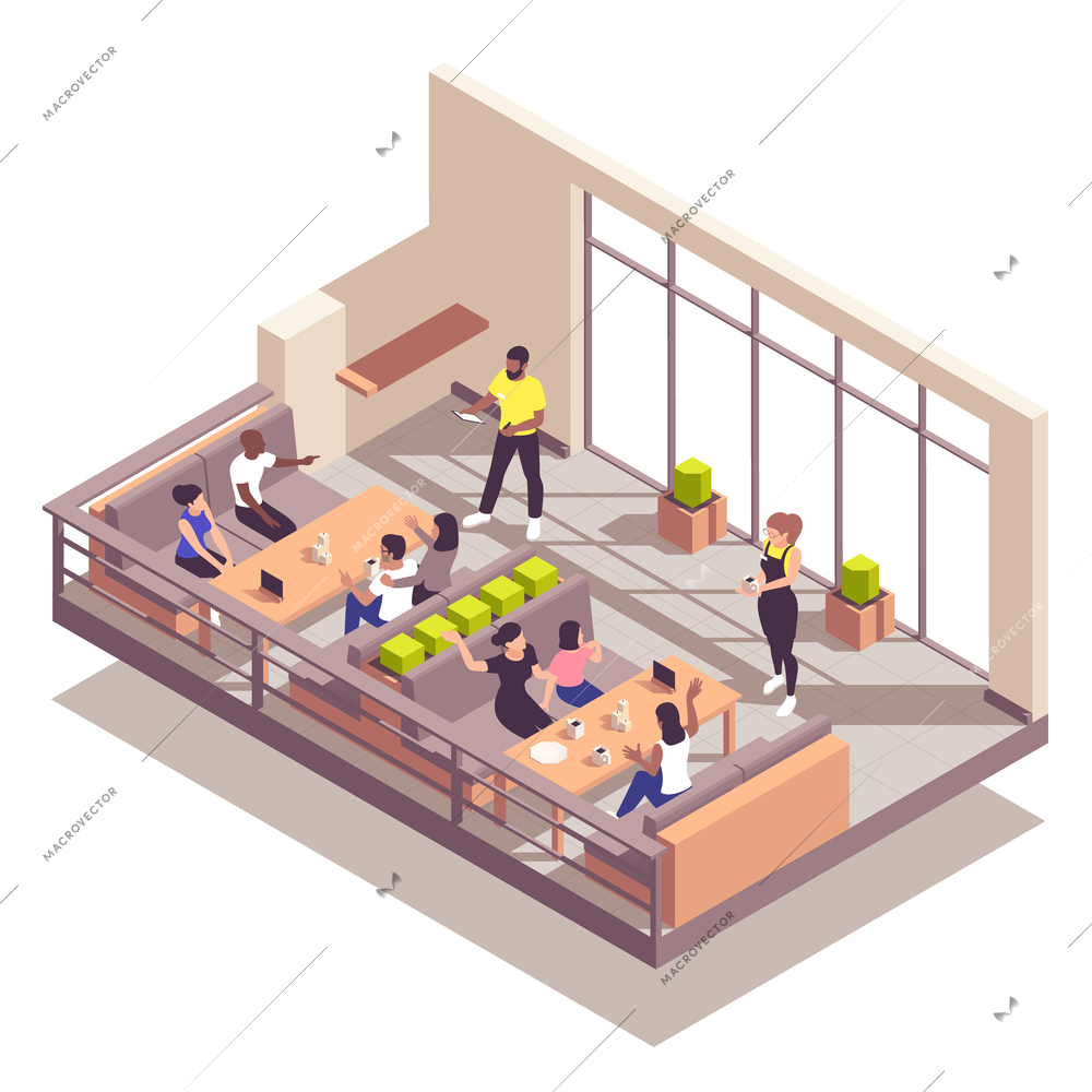 Street cafe isometric concept with people sitting on outdoor terrace vector illustration