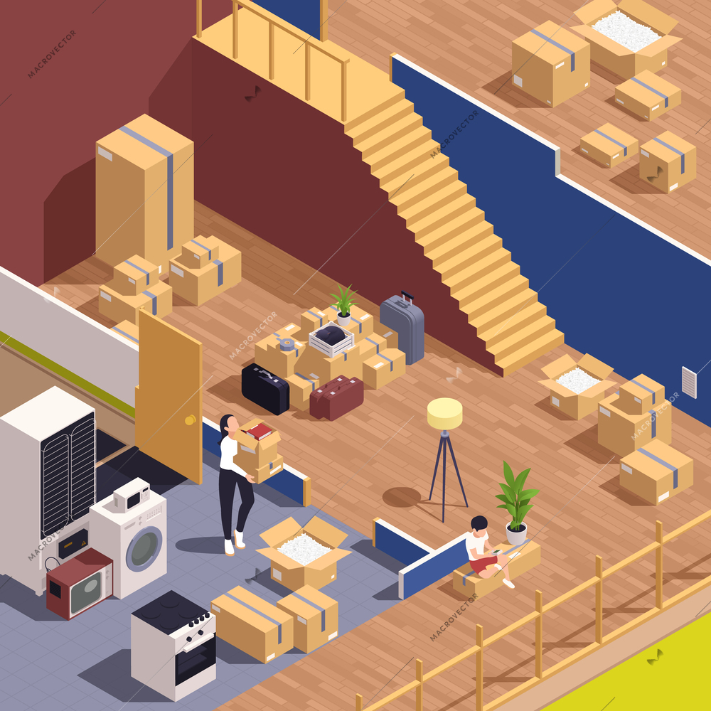 Relocation service isometric composition with people packing goods in cardboards vector illustration