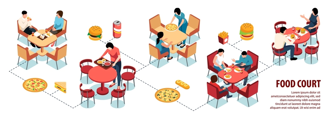 Isometric food court horizontal infographics with people eating junk food vector illustration