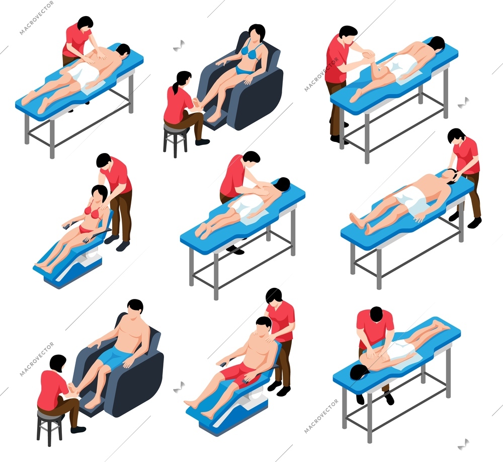 Isometric massage set with isolated compositions of massage therapists physicians and patients on tables and chairs vector illustration