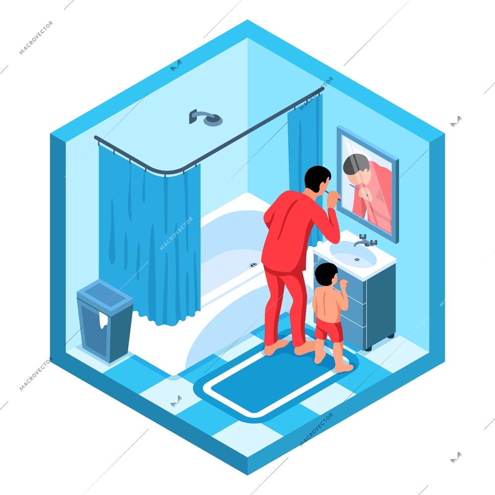 Isometric hygiene composition with isolated view of bathroom interior with man and child brushing their teeth vector illustration