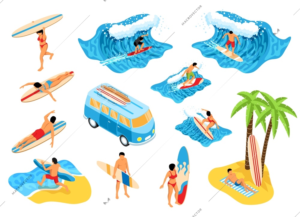 Surfing club isometric set of people lovers of outdoor activities on water isolated vector illustration