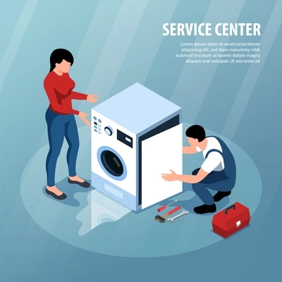 Service center for home appliances isometric background with craftsman disassembling broken washing machine vector illustration