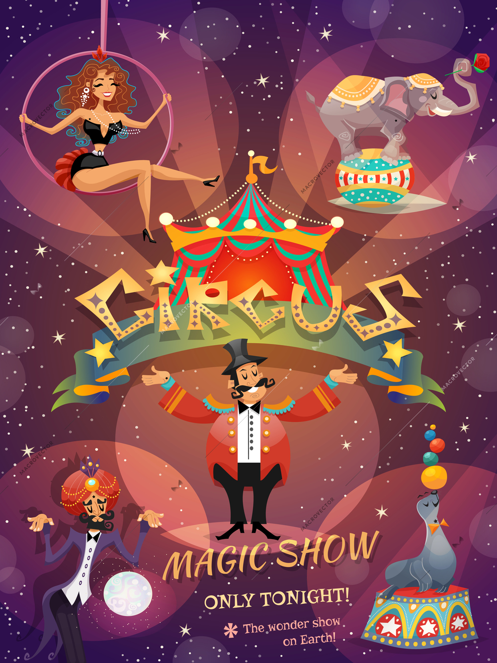 Circus show poster with acrobat animals and magician vector illustration