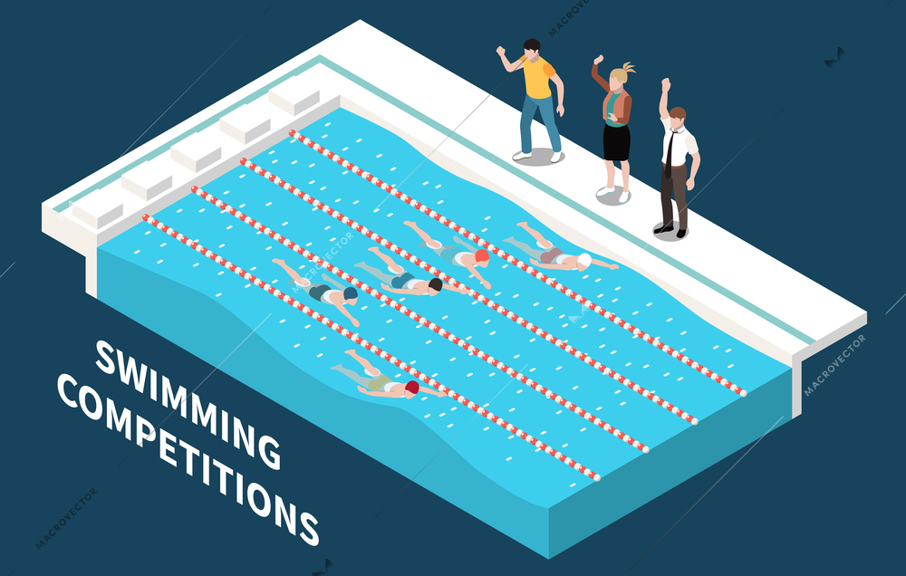 Swimming competitions isometric  background with trainers giving instructions to several athletes during pool race vector illustration