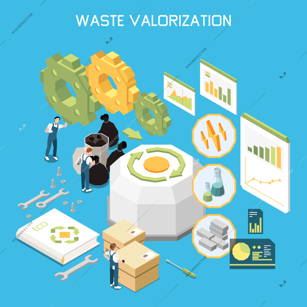 Waste valorization isometric background with circular economy ecological packaging green technologies signs vector illustration