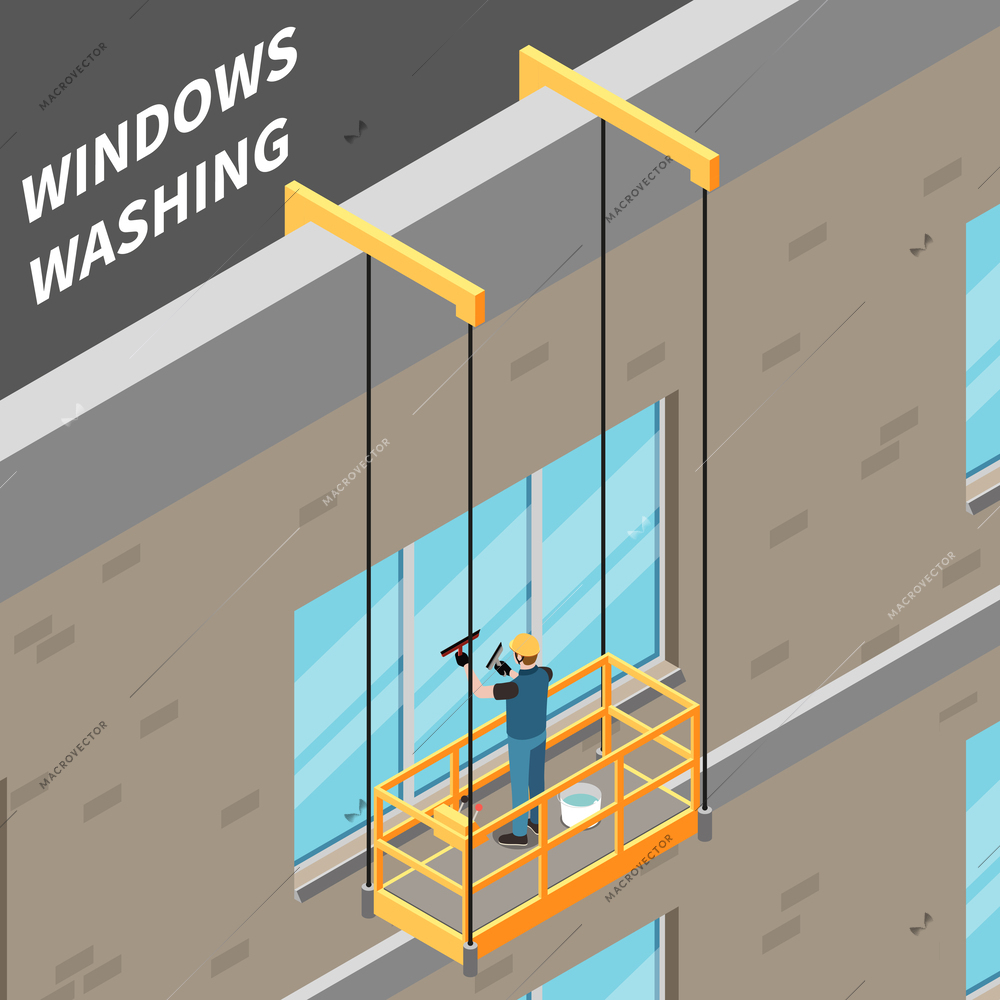 Cleaning service isometric background with stuff of industrial alpinism company washing skyscraper windows vector illustration