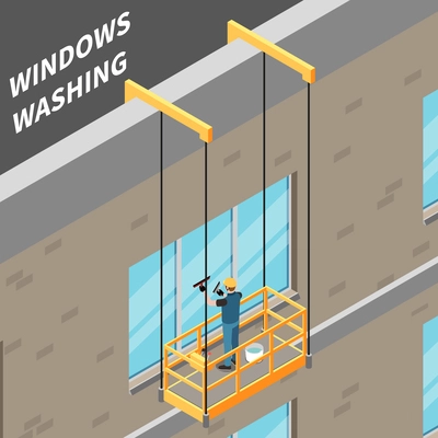 Cleaning service isometric background with stuff of industrial alpinism company washing skyscraper windows vector illustration