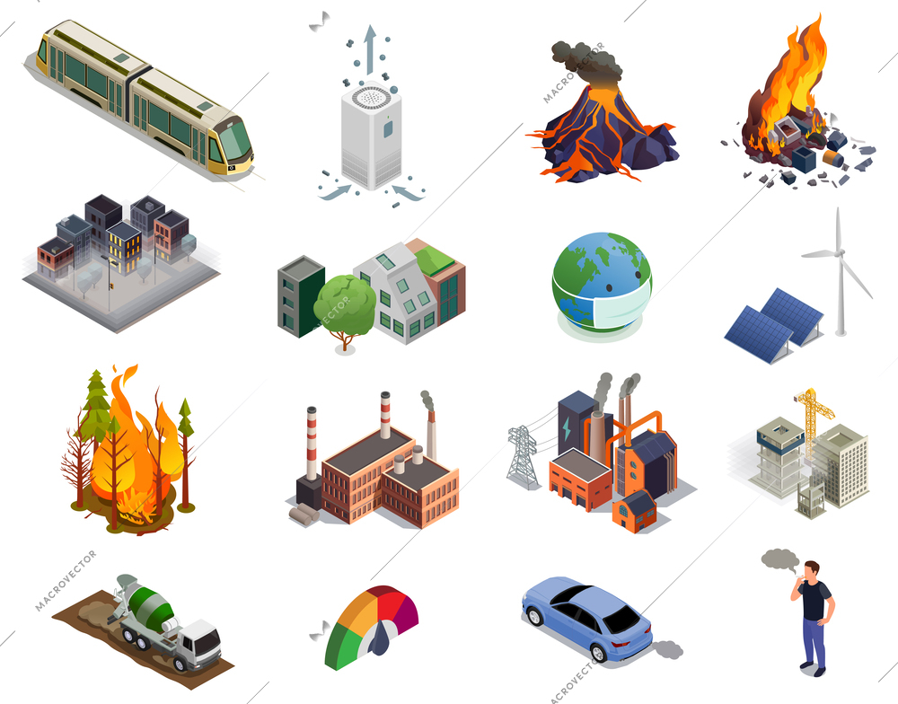 Air pollution by factories exhaust fumes natural disasters isometric icons set isolated vector illustration