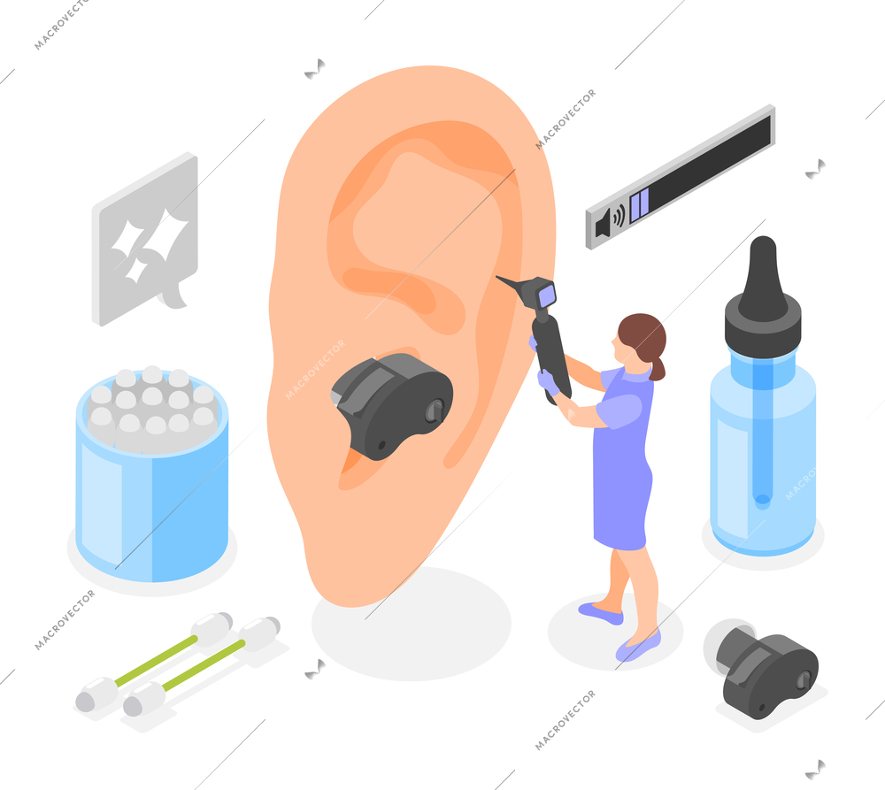 Hearing hygiene isometric concept with cotton buds medical drops in flask and huge ear with hearing aid inserted into it vector illustration