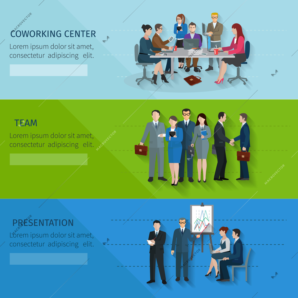 Office worker horizontal banner set with coworking center team presentation elements isolated vector illustration