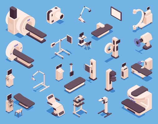 Medical equipment color set with examination symbols isometric isolated vector illustration