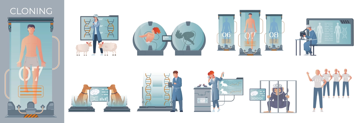 Cloning genetics flat composition with human body in chamber with set of isolated icons with scientists vector illustration