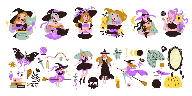 Flat set of witchcraft tools and young beautiful witches reading magical books making potions flying on broom isolated vector illustration