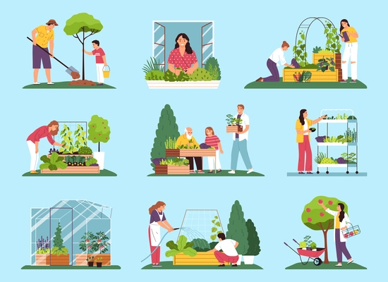 Community garden flat color set of people engaged in landscaping of city park street cafe recreation area isolated vector illustration