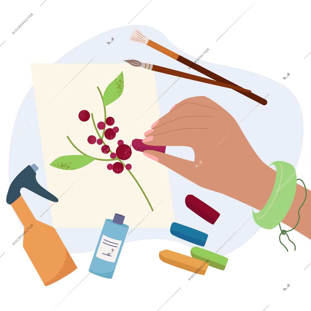 Female hand drawing picture with colorful crayons flat vector illustration