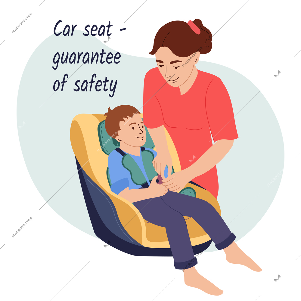 Children car seat flat composition with doodle character of mother fastening belts of child in seat vector illustration