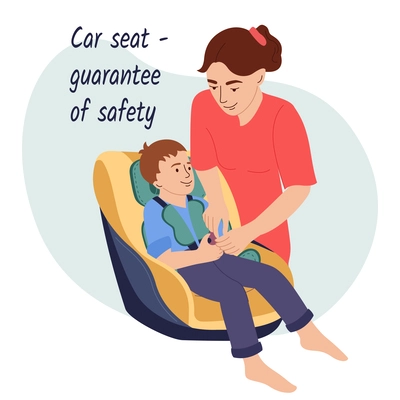 Children car seat flat composition with doodle character of mother fastening belts of child in seat vector illustration