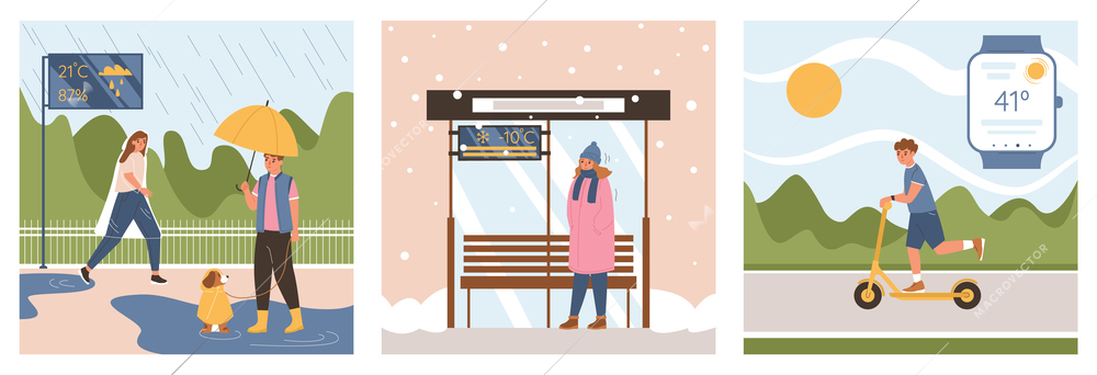 Weather forecast flat set with people walking in rain snow and sun isolated vector illustration