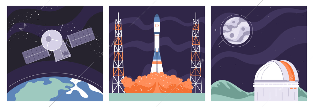 Space industry flat set of compositions with satellite rocket launch and observatory isolated vector illustration