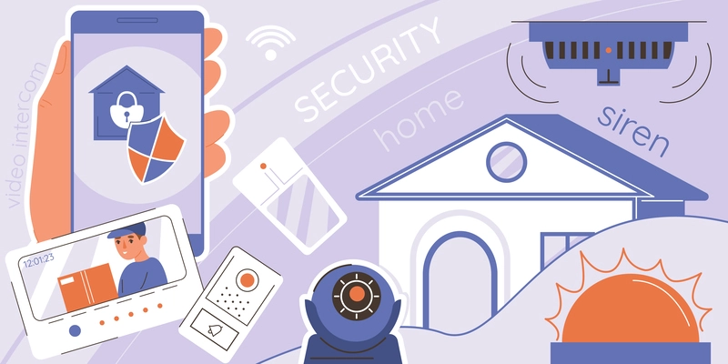 Home security collage with video camera symbols flat  vector illustration