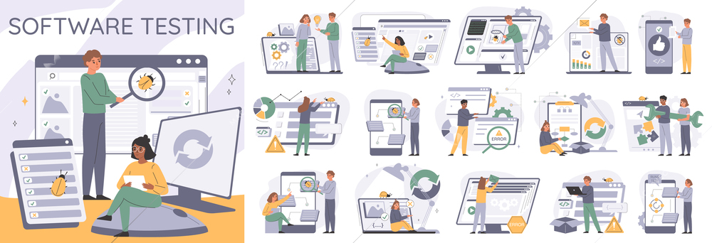 Software testing composition with planning and analysis symbols flat isolated vector illustration