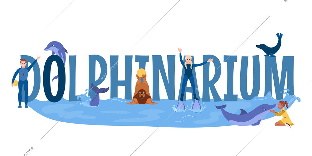 Dolphinarium aquarium text banner with performing animals flat vector illustration