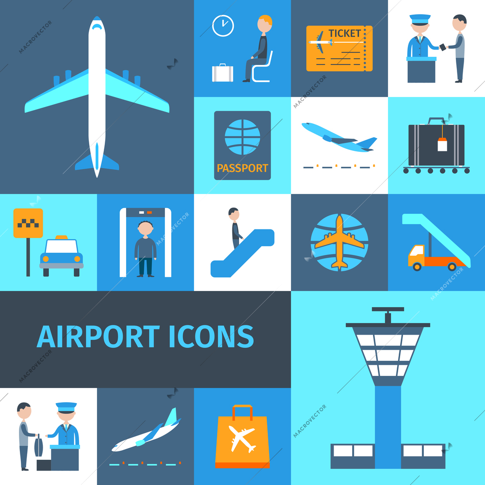 Airport lounge public transportation business decorative icons set isolated vector illustration