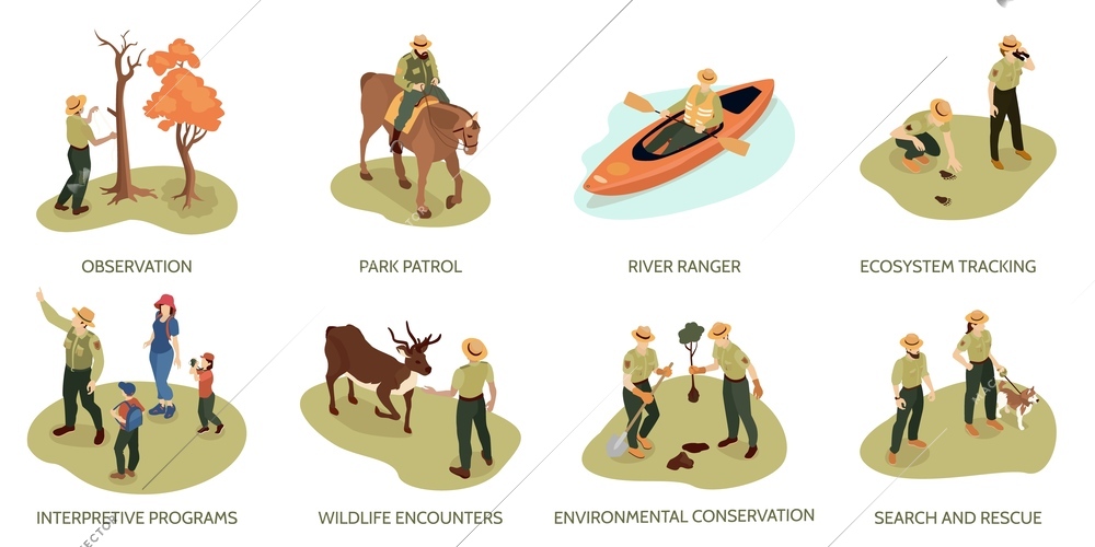 Isometric forest ranger set of compositions with text and outdoor scenes animals trees and human characters vector illustration