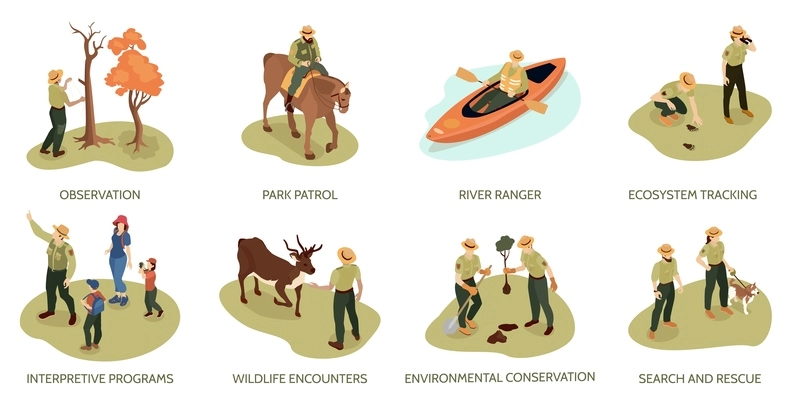 Isometric forest ranger set of compositions with text and outdoor scenes animals trees and human characters vector illustration