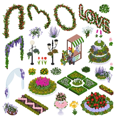 Florist city event flower decoration isometric set of isolated icons with garden beds arches lamp posts vector illustration