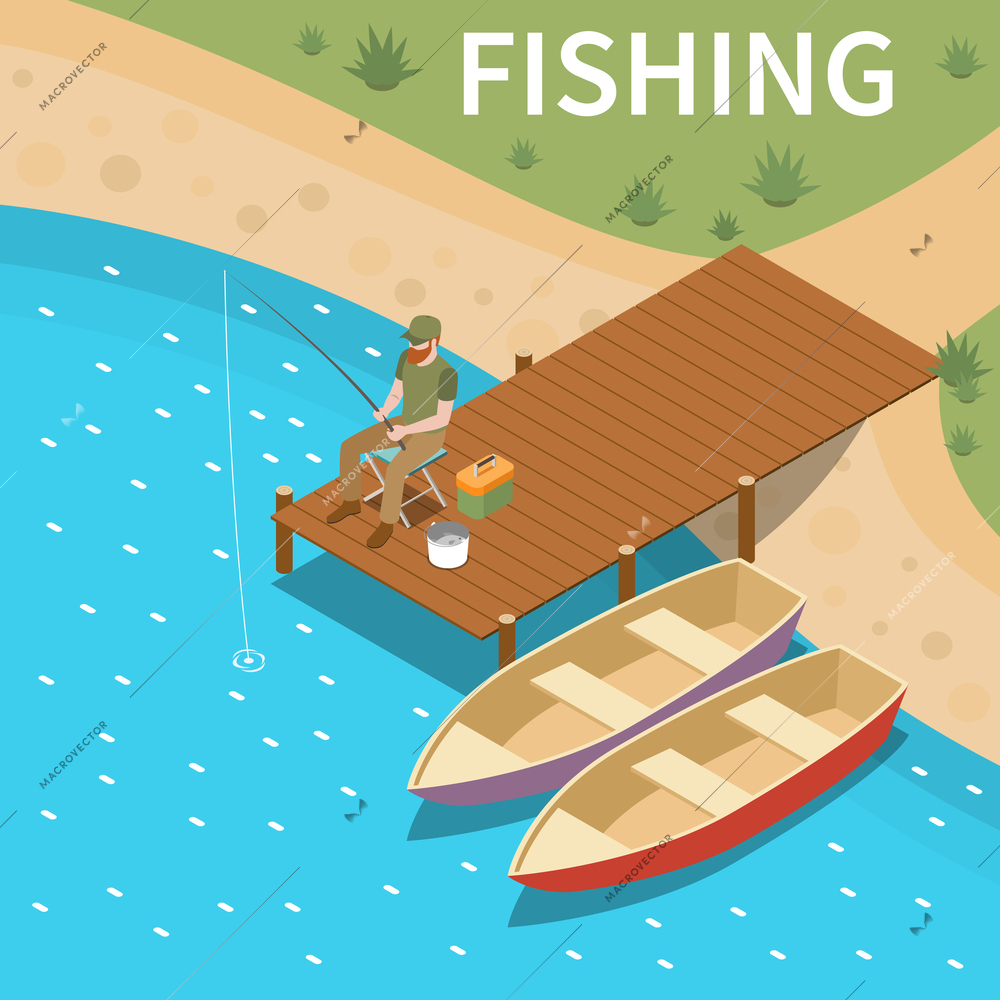 Fishing fisherman colored isometric concept man fishes sitting on a wooden bridge on the bank of a river vector illustration