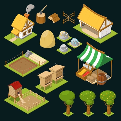 Isometric colored game icon set with isolated trees houses warehouse and firewood vector illustration